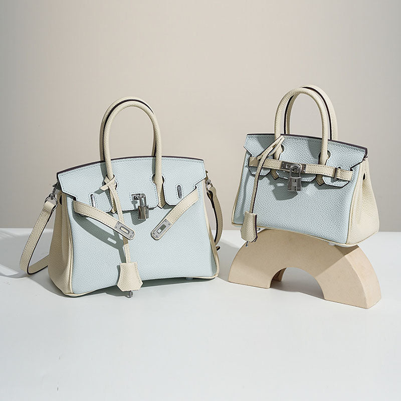 Women’s Minimalist Light Blue Whit White Pebbled Leather Top Handle Bag image 4
