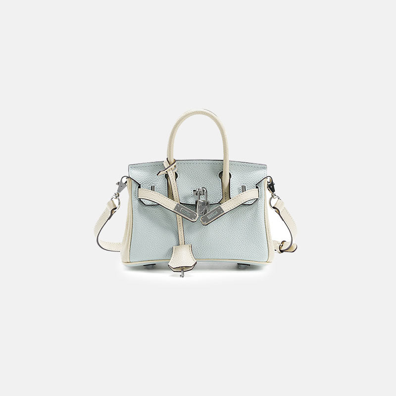 Women’s Minimalist Light Blue Whit White Pebbled Leather Top Handle Bag image 3