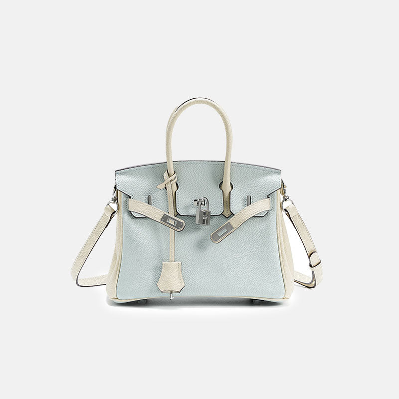 Women’s Minimalist Light Blue Whit White Pebbled Leather Top Handle Bag image 2