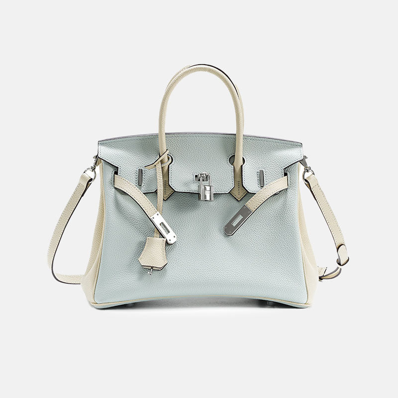 Women’s Minimalist Light Blue Whit White Pebbled Leather Top Handle Bag image