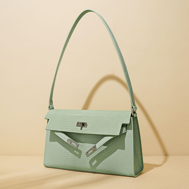 Women’s Minimalist Lizard Embossed Leather Lock Clasp Shoulder Baguette Bag image 2