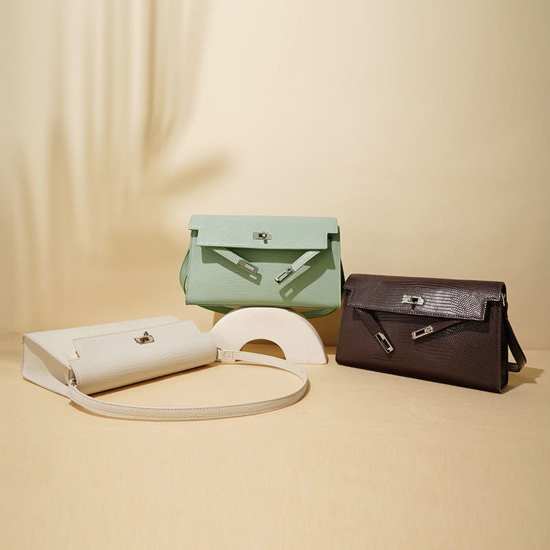 Women’s Minimalist Lizard Embossed Leather Lock Clasp Shoulder Baguette Bag image 4