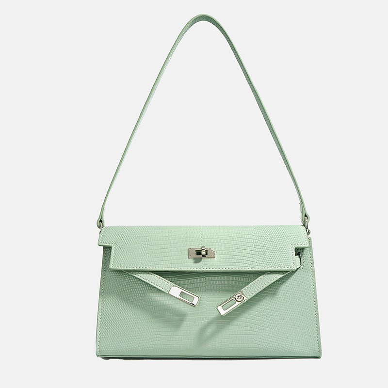Women’s Minimalist Lizard Embossed Leather Lock Clasp Shoulder Baguette Bag image