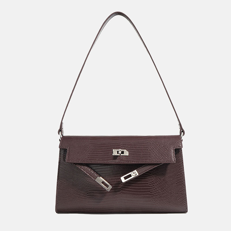 Women’s Minimalist Lizard Embossed Leather Lock Clasp Shoulder Baguette Bag image 6
