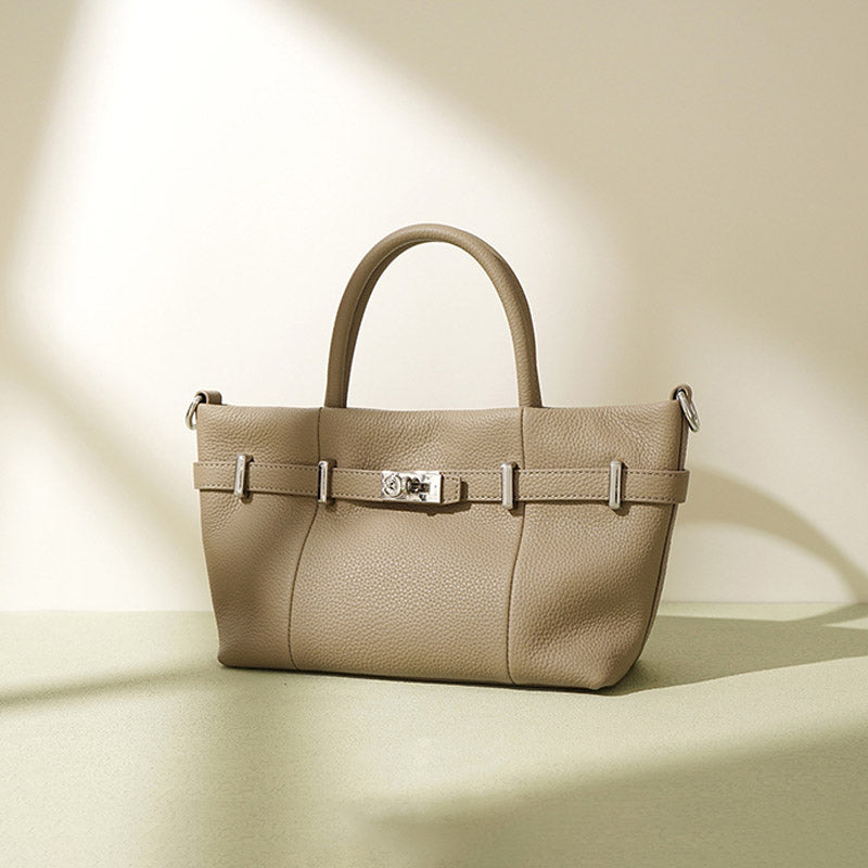 Women’s Minimalist Lychee Top-Grain Leather Tote Crossbody Handbag In Silver Hardware image 6