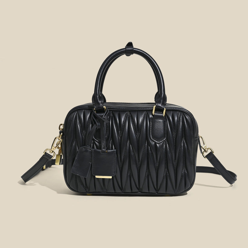 Women’s Minimalist Pleated Genuine Leather Boston Handbag image 2