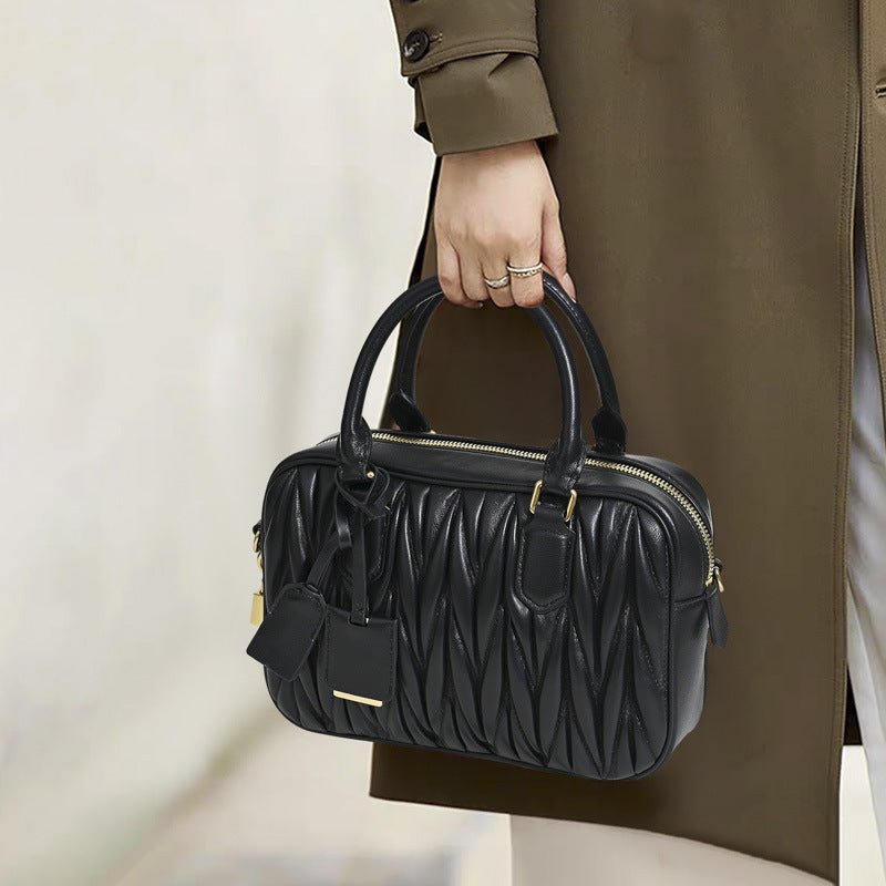 Women’s Minimalist Pleated Genuine Leather Boston Handbag image 3