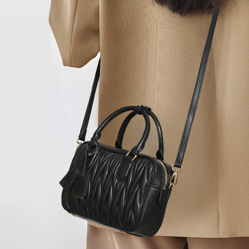 Women’s Minimalist Pleated Genuine Leather Boston Handbag image 4
