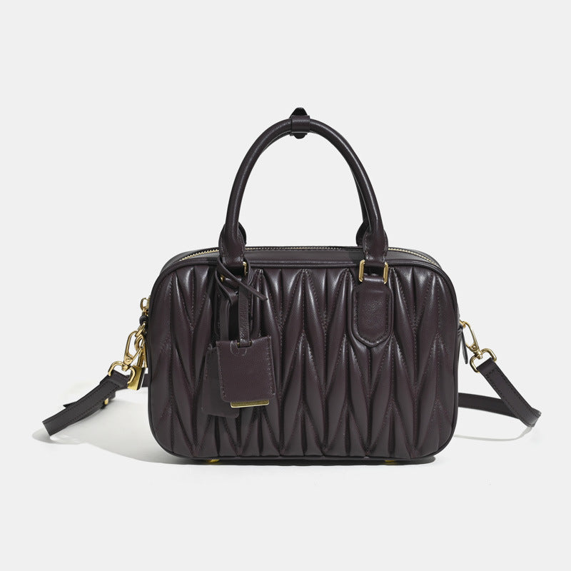 Women’s Minimalist Pleated Genuine Leather Boston Handbag image 6
