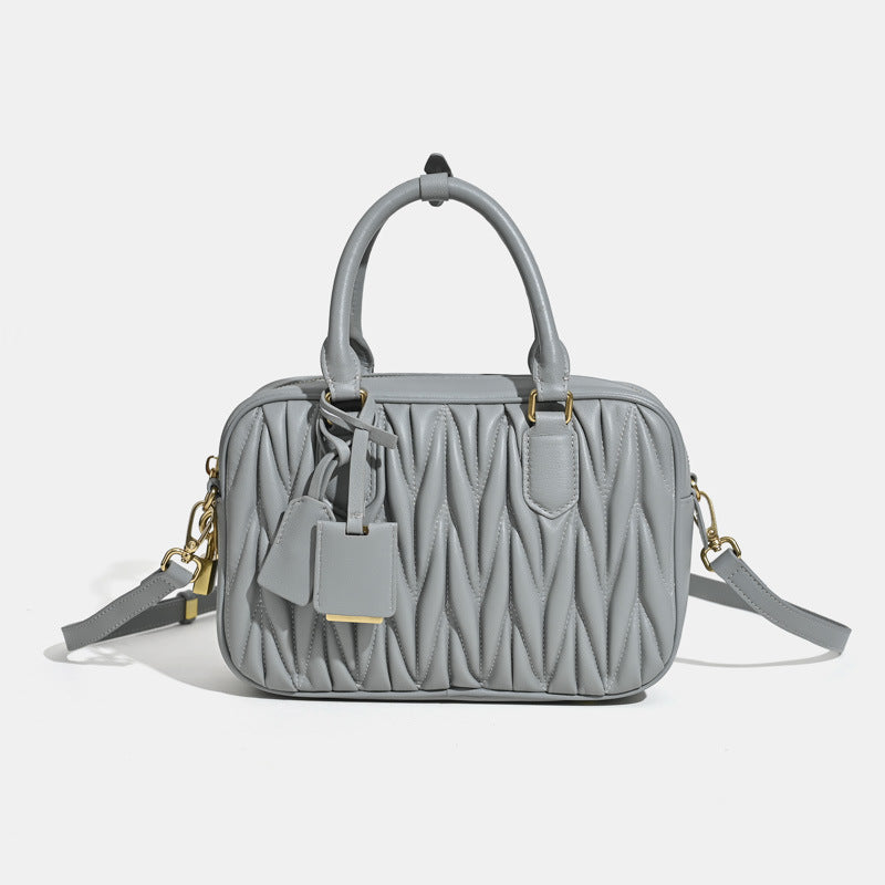 Women’s Minimalist Pleated Genuine Leather Boston Handbag image 5