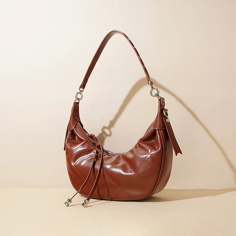 Women’s Minimalist Quilted Genuine Leather Crescent Baguette Bag image 2