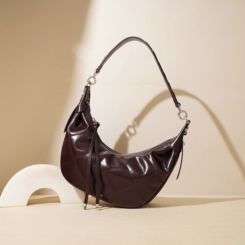 Women’s Minimalist Quilted Genuine Leather Crescent Baguette Bag image 4
