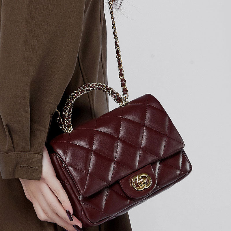 Women’s Minimalist Quilted Genuine Leather Crossbody Chain Top Handle Bag In Gold Hardware image 8