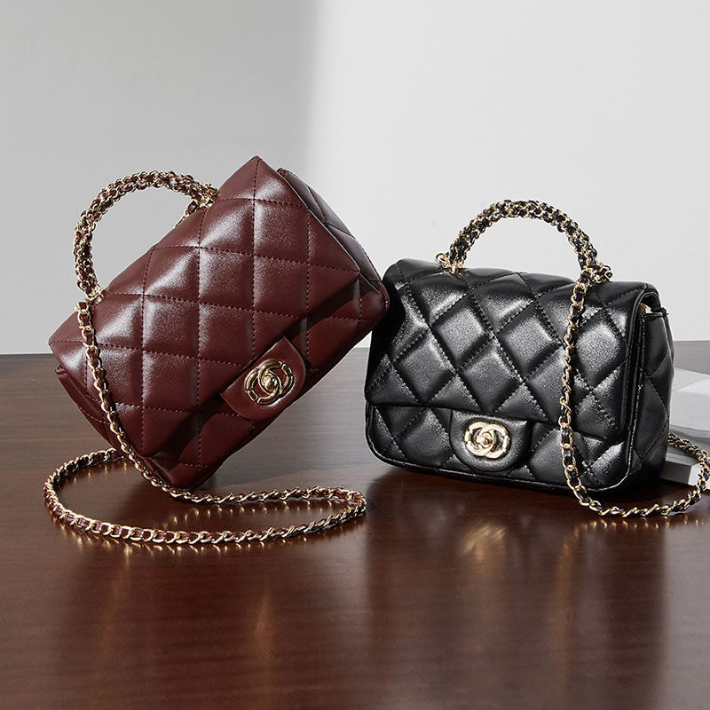Women’s Minimalist Quilted Genuine Leather Crossbody Chain Top Handle Bag In Gold Hardware image 3
