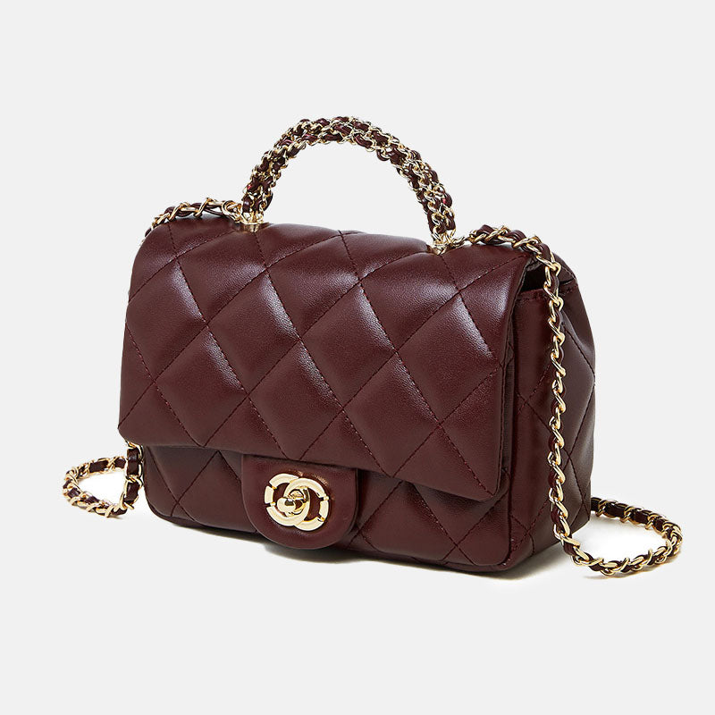 Women’s Minimalist Quilted Genuine Leather Crossbody Chain Top Handle Bag In Gold Hardware image 6