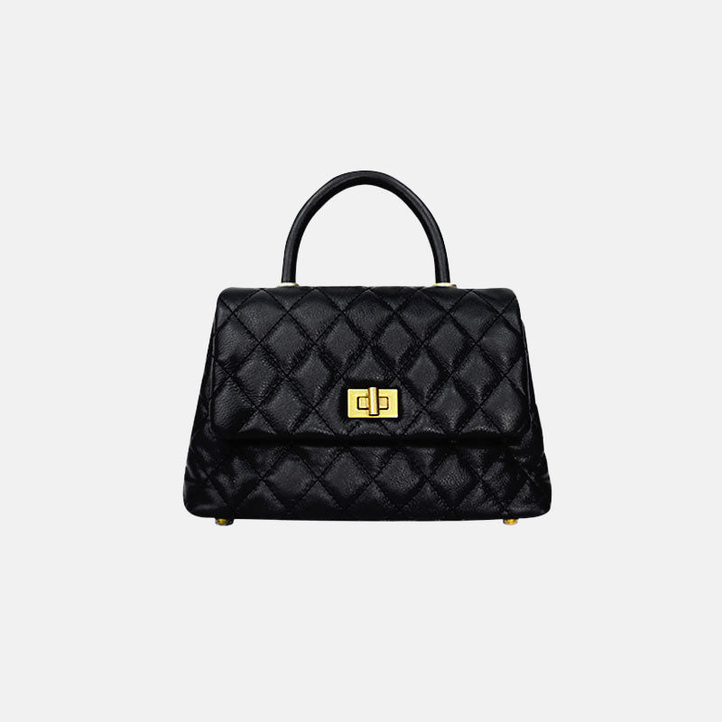 Women’s Minimalist Quilted Genuine Leather Lock Closure Crossbody Chain Top Handle Bag image 2