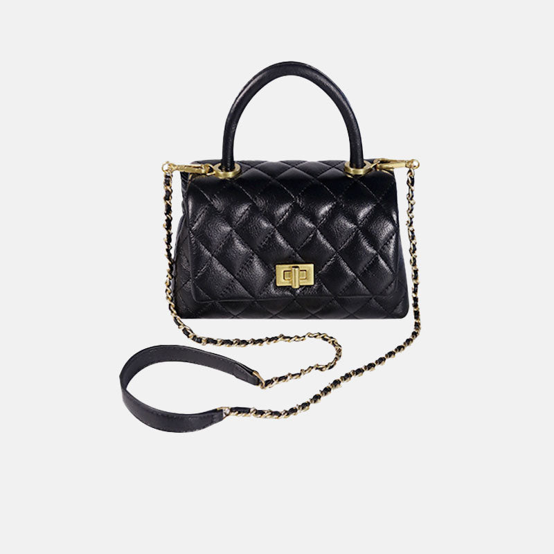 Women’s Minimalist Quilted Genuine Leather Lock Closure Crossbody Chain Top Handle Bag image
