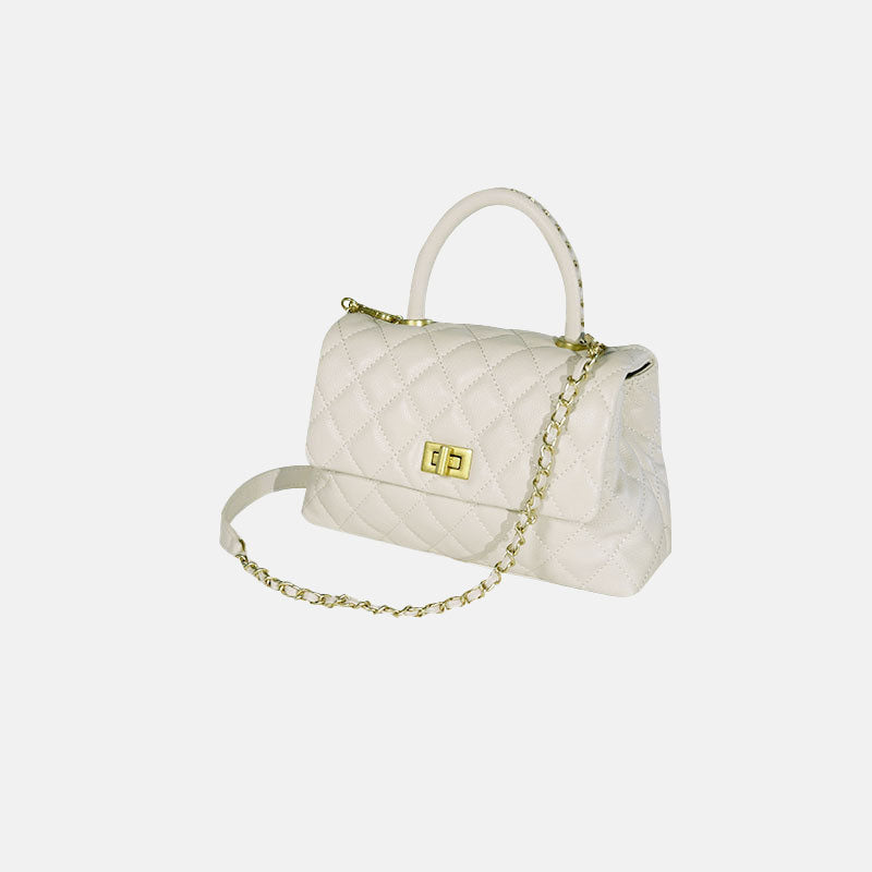 Women’s Minimalist Quilted Genuine Leather Lock Closure Crossbody Chain Top Handle Bag image 3