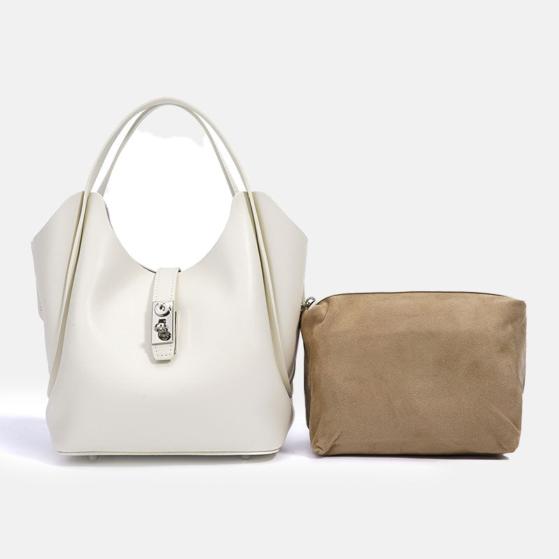 Women’s Minimalist Split Leather Bucket Bag In Silver Hardware image 2
