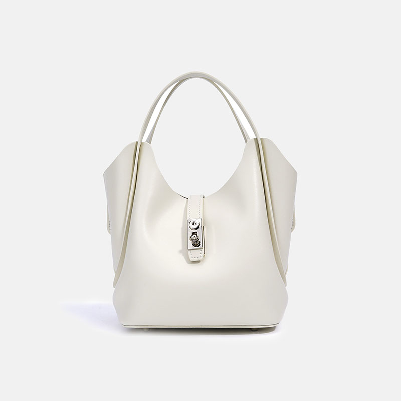 Women’s Minimalist Split Leather Bucket Bag In Silver Hardware image