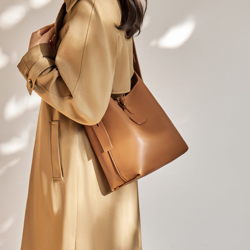 Women’s Minimalist Split Leather Shoulder Bucket Bag image 3