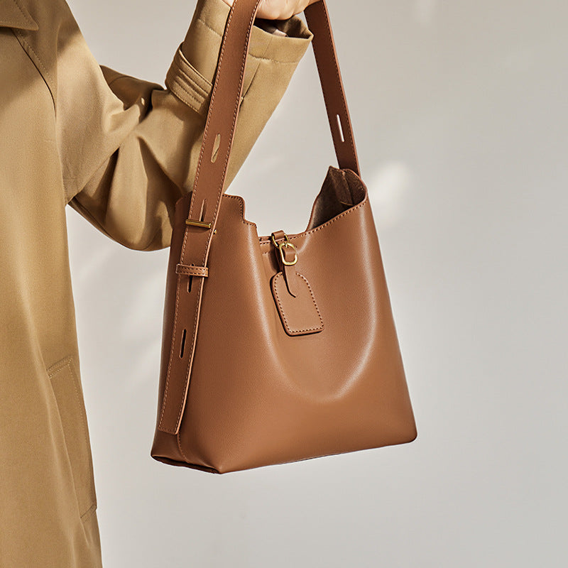 Women’s Minimalist Split Leather Shoulder Bucket Bag image 4