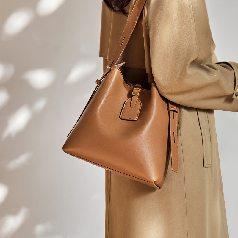 Women’s Minimalist Split Leather Shoulder Bucket Bag image 5