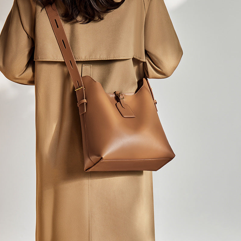 Women’s Minimalist Split Leather Shoulder Bucket Bag image 6