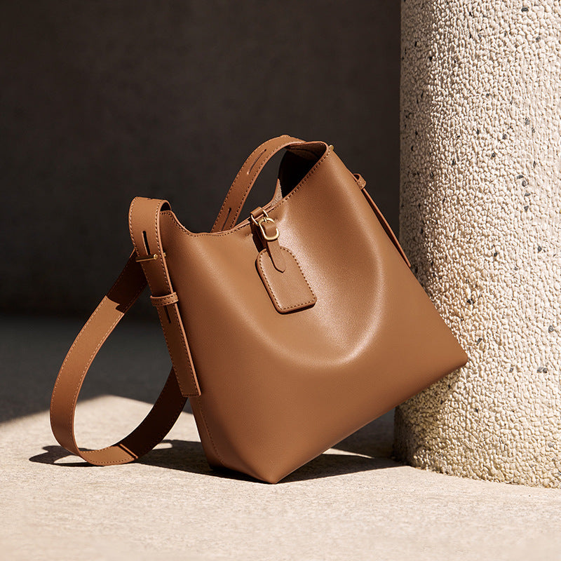 Women’s Minimalist Split Leather Shoulder Bucket Bag image 2