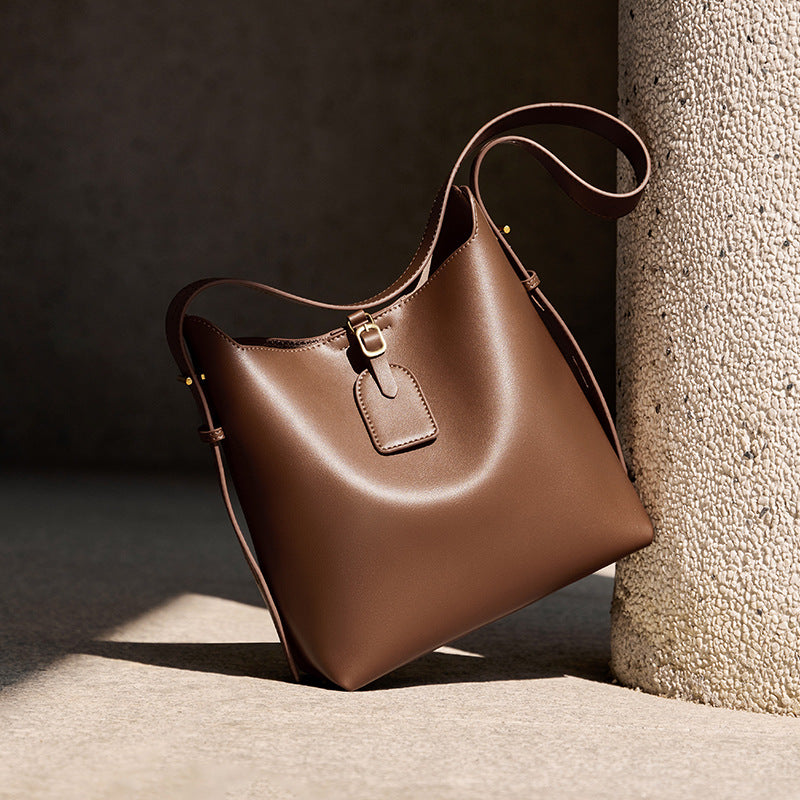Women’s Minimalist Split Leather Shoulder Bucket Bag image 7
