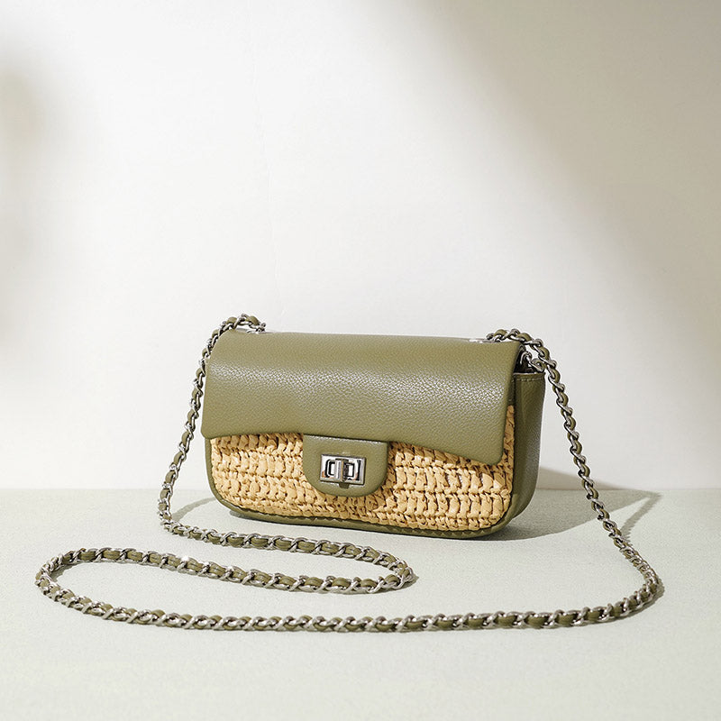 Women’s Minimalist Straw Woven & Leather Crossbody Chain Bag In Silver Hardware image 2