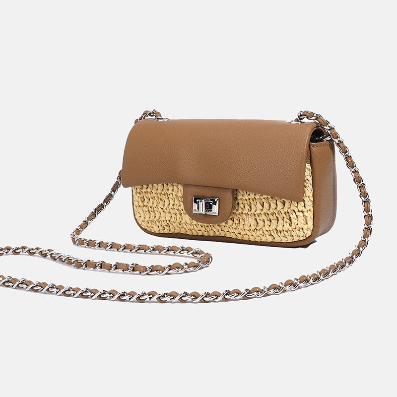 Women’s Minimalist Straw Woven & Leather Crossbody Chain Bag In Silver Hardware image 4