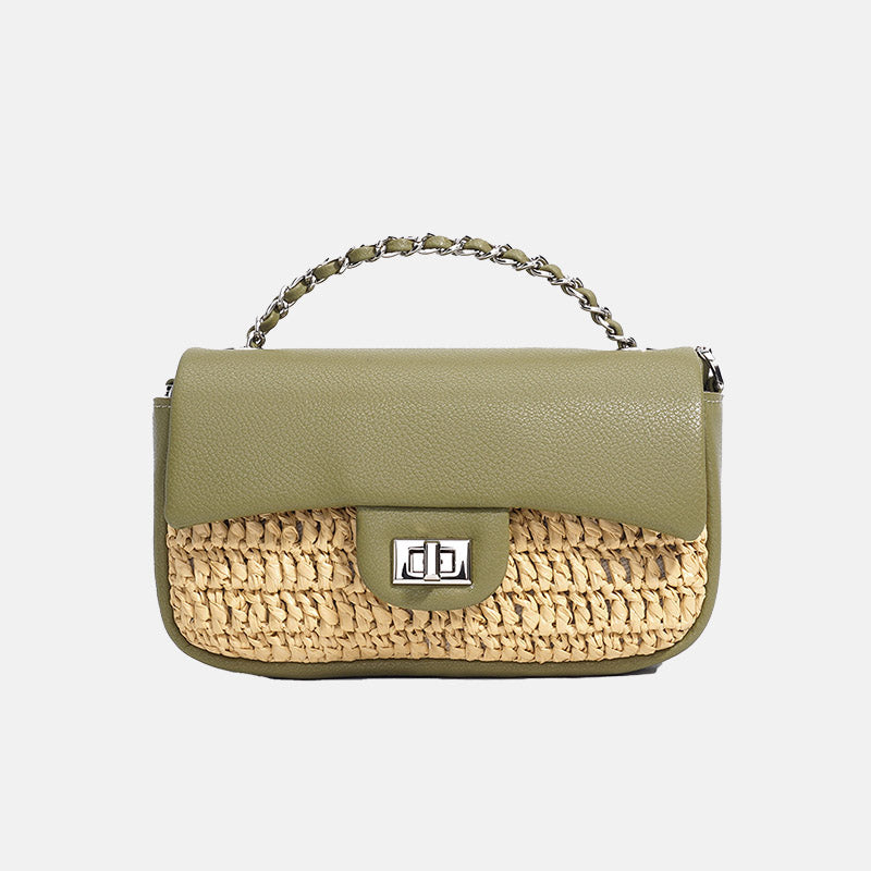 Women’s Minimalist Straw Woven & Leather Crossbody Chain Bag In Silver Hardware image
