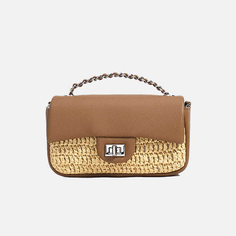 Women’s Minimalist Straw Woven & Leather Crossbody Chain Bag In Silver Hardware image 3