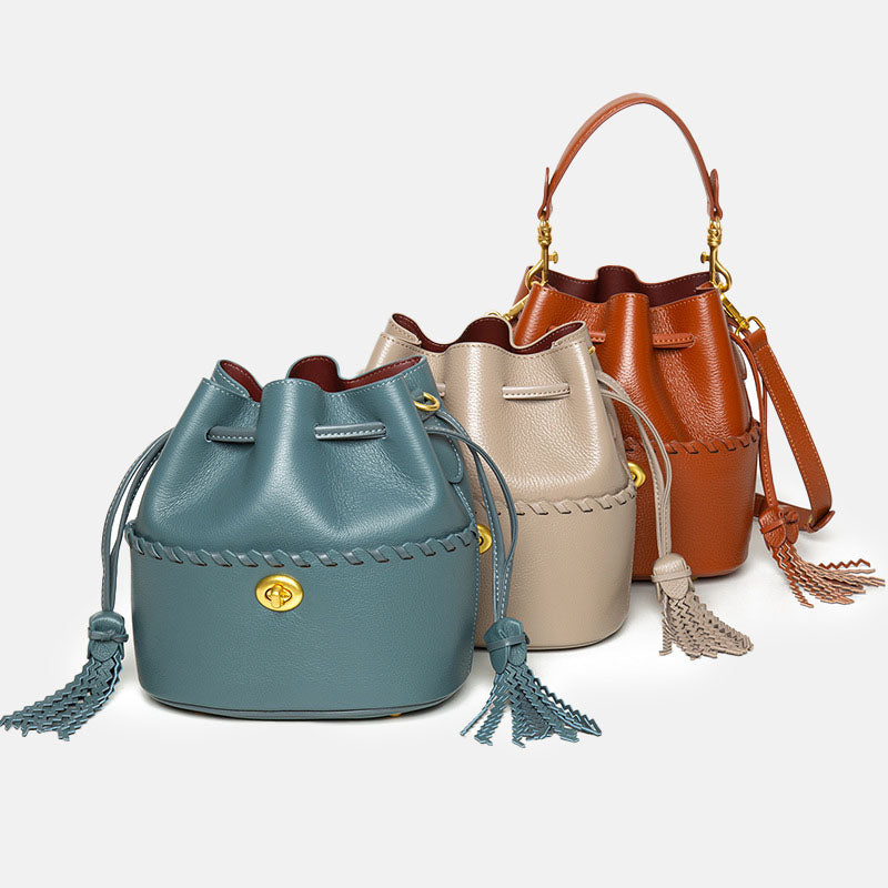 Women’s Minimalist Top-Grain Leather Bucket Bag image 5