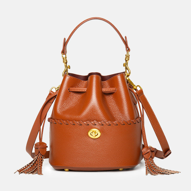 Women’s Minimalist Top-Grain Leather Bucket Bag image 7