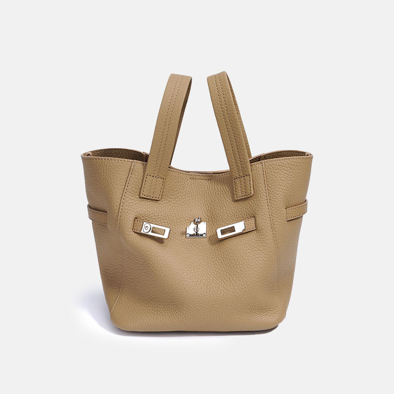 Women’s Minimalist Top-Grain Leather Bucket Tote Bag In Lock Clasp image 7