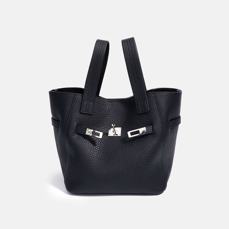 Women’s Minimalist Top-Grain Leather Bucket Tote Bag In Lock Clasp image 8