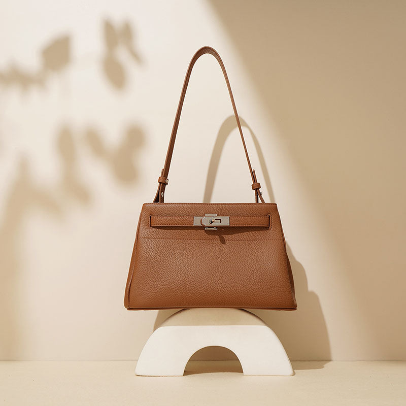 Women’s Minimalist Top-Grain Leather Lock Clasp Baguette Bag In Silver Hardware image 2
