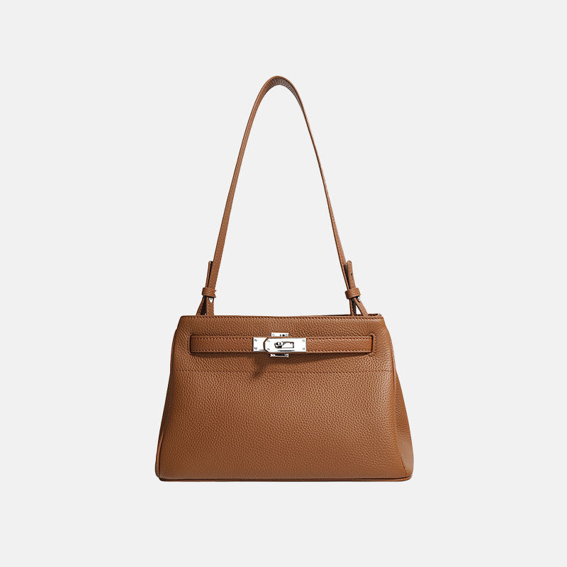 Women’s Minimalist Top-Grain Leather Lock Clasp Baguette Bag In Silver Hardware image