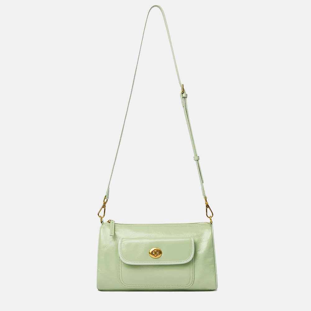 Women’s Minimalist Vintage Genuine Leather Zipper Twist Lock Crossbody Baguette Bag image 2