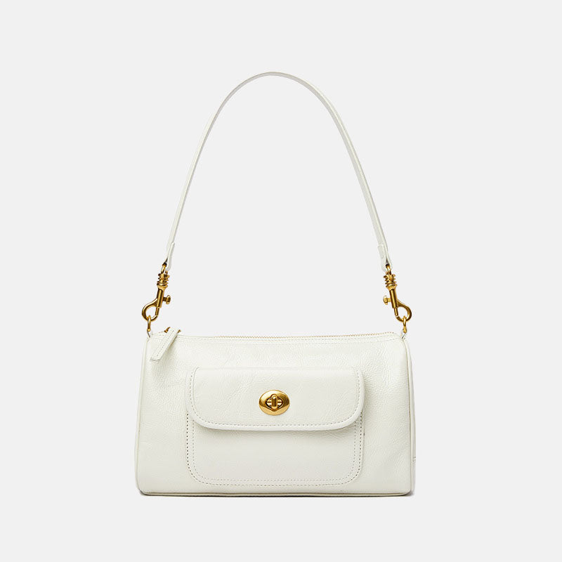 Women’s Minimalist Vintage Genuine Leather Zipper Twist Lock Crossbody Baguette Bag image 8