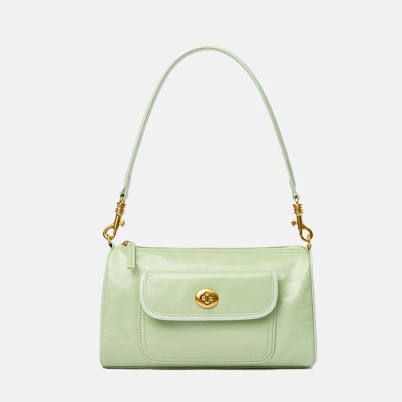 Women’s Minimalist Vintage Genuine Leather Zipper Twist Lock Crossbody Baguette Bag image