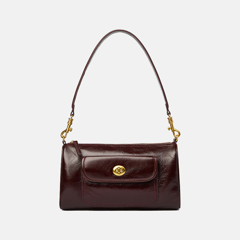 Women’s Minimalist Vintage Genuine Leather Zipper Twist Lock Crossbody Baguette Bag image 6