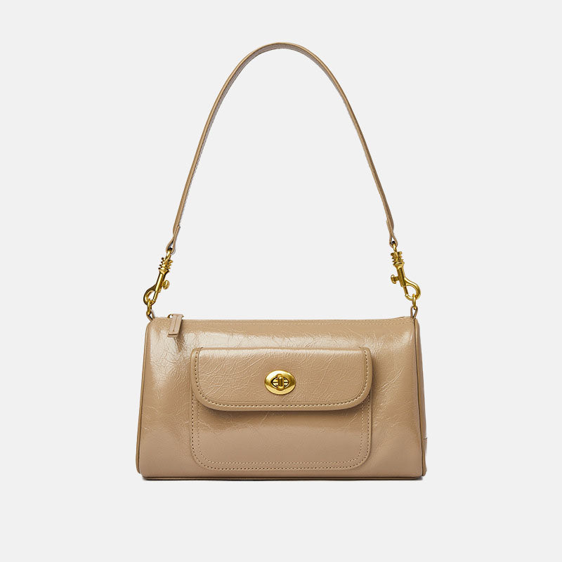 Women’s Minimalist Vintage Genuine Leather Zipper Twist Lock Crossbody Baguette Bag image 11