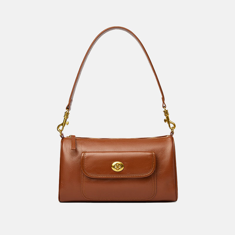 Women’s Minimalist Vintage Genuine Leather Zipper Twist Lock Crossbody Baguette Bag image 10