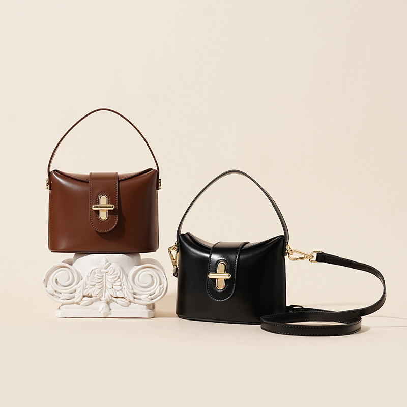Women’s Minimalist Vintage Leather Lock-Clasp Crossbody Bucket Bag image 4