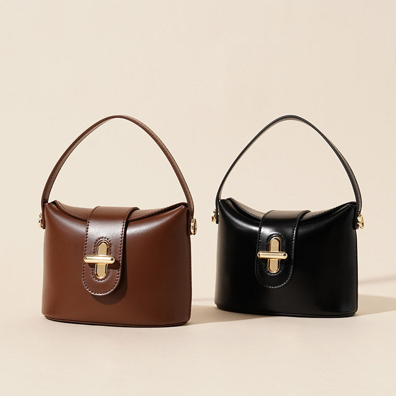 Women’s Minimalist Vintage Leather Lock-Clasp Crossbody Bucket Bag image 3