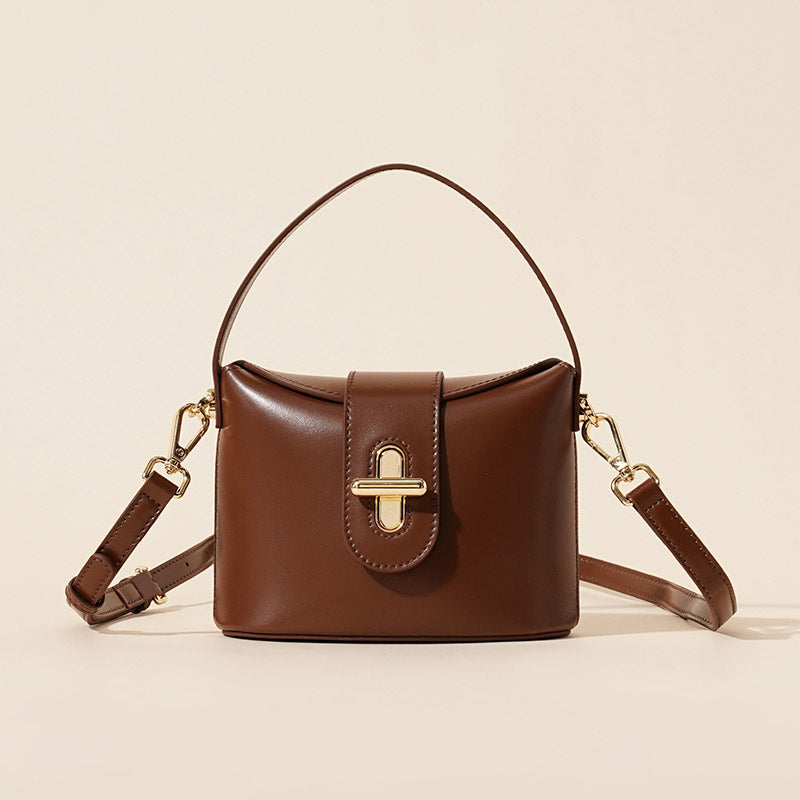 Women’s Minimalist Vintage Leather Lock-Clasp Crossbody Bucket Bag image 6