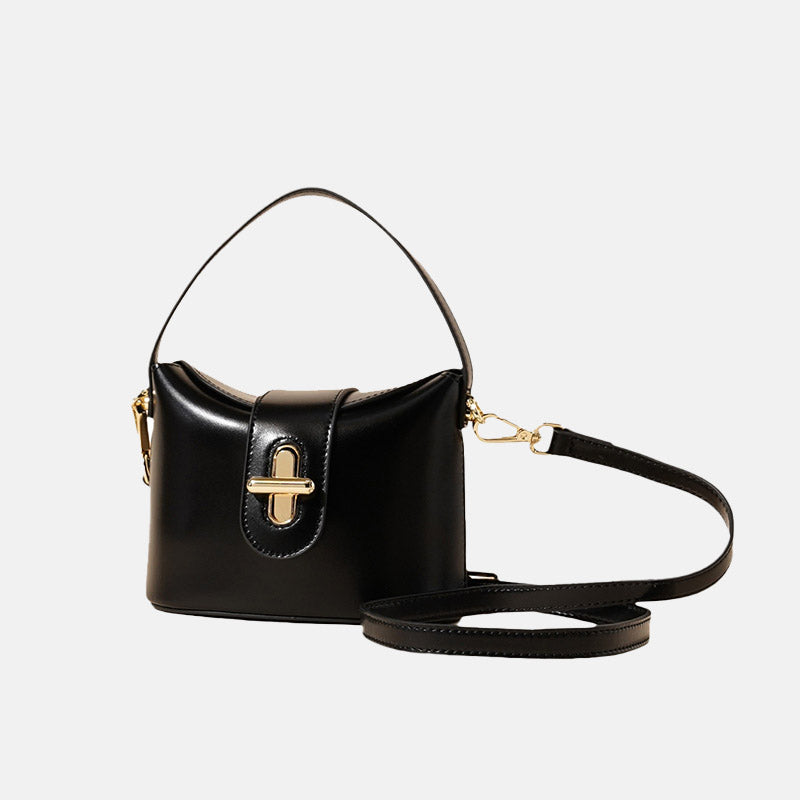 Women’s Minimalist Vintage Leather Lock-Clasp Crossbody Bucket Bag image